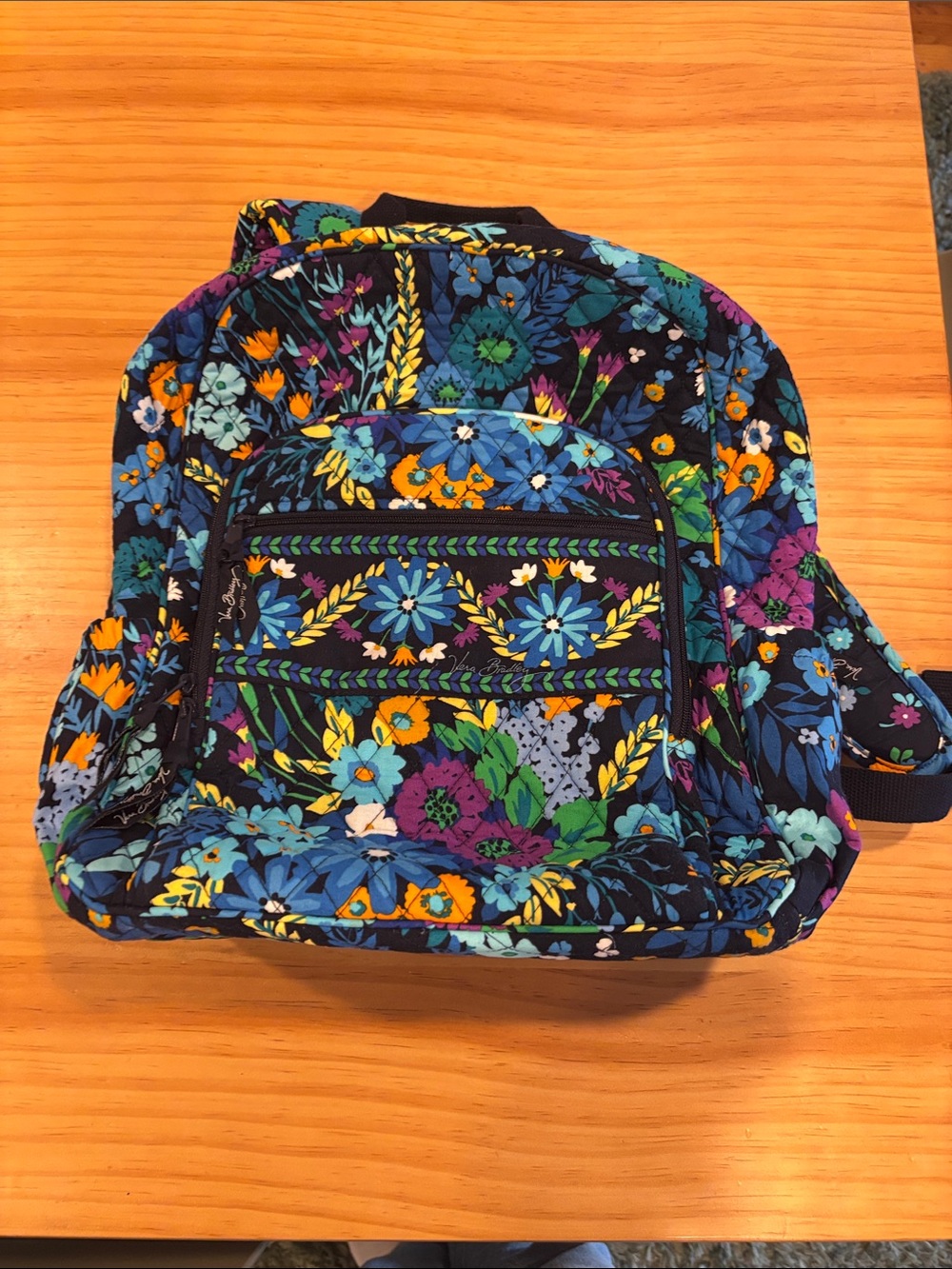 Vera Bradley midnight blues Quilted Backpack with Multicolor Blooms.